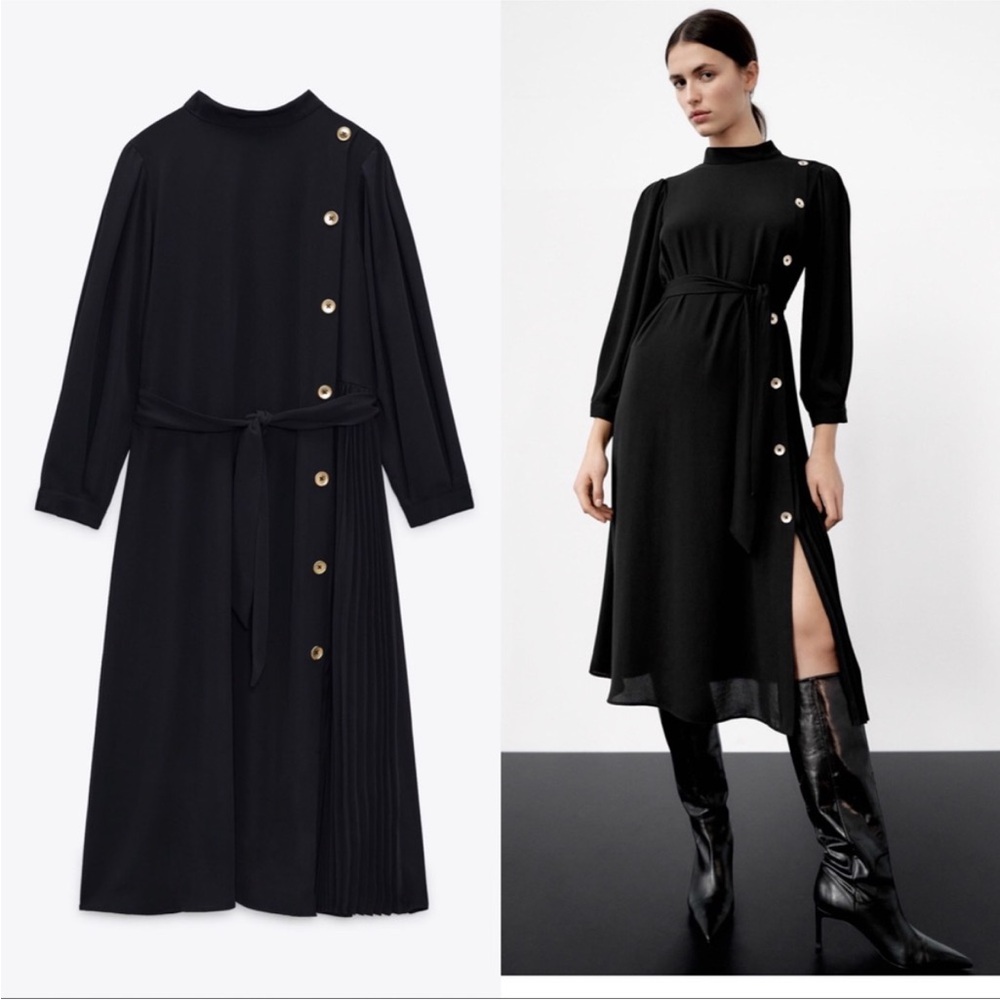 Zara Black Long Sleeve Dress with Button Accents